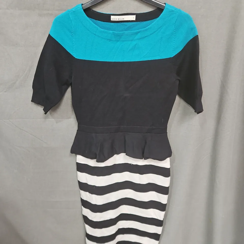 KAREN MILLEN COLOUR-BLOCK DRESS – TURQUOISE, BLACK & WHITE STRIPE – SIZE 2