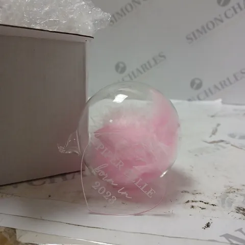 GLASS BAUBLE WITH PINK FEATHERS AND PERSONALISED TAG