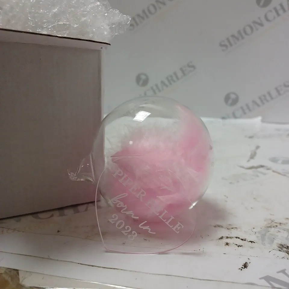 GLASS BAUBLE WITH PINK FEATHERS AND PERSONALISED TAG