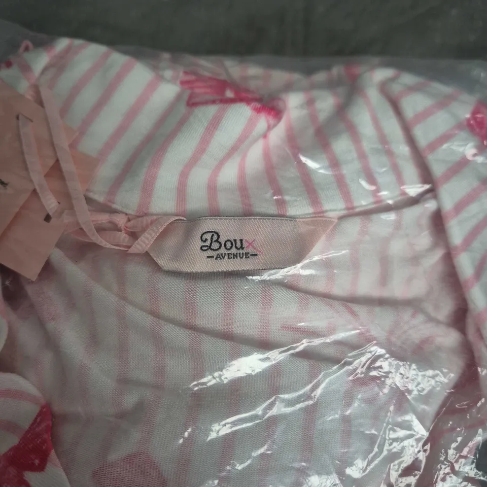 BAGGED BOW AVENUE WOMEN’S MODAL PYJAMA SET – PINK & WHITE STRIPES WITH BOW MOTIFS, UK 12