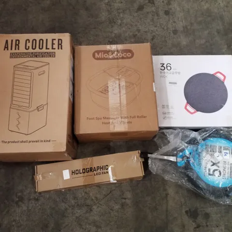 PALLET OF ASSORTED PRODUCTS INCLUDING AIR COOLER, FOOT SPA MASSAGER, WOK, HOLOGRAPHIC LED FAN, SCOVILLE FRYING PAN