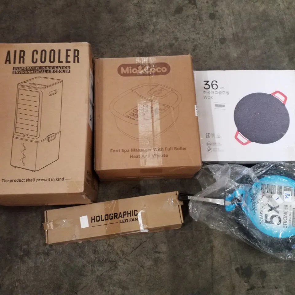 PALLET OF ASSORTED PRODUCTS INCLUDING AIR COOLER, FOOT SPA MASSAGER, WOK, HOLOGRAPHIC LED FAN, SCOVILLE FRYING PAN