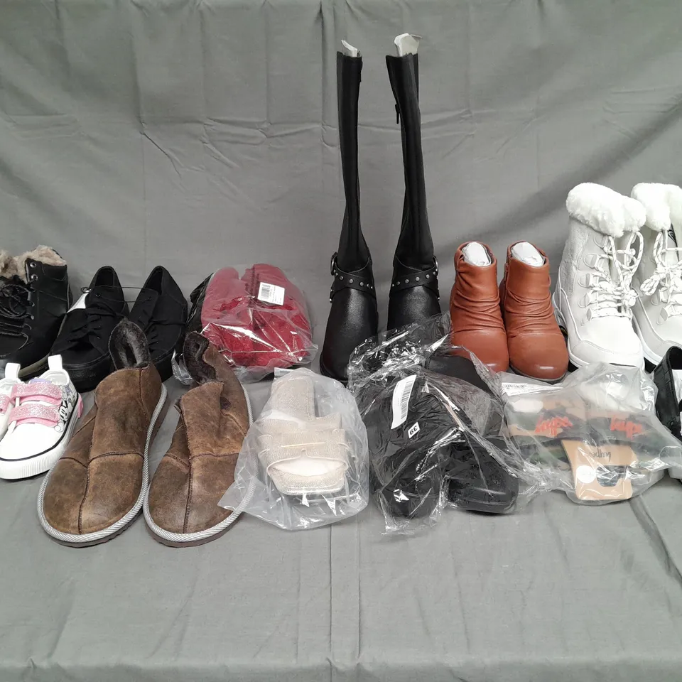 BOX OF ASSORTED UNBOXED SHOES TO INCLUDE TRAINERS, BOOTS, AND SLIPPERS ETC. 