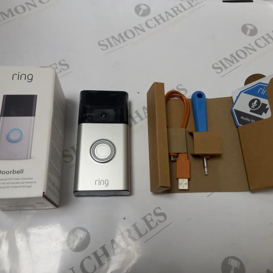 BOXED RING BATTERY POWERED HD VIDEO DOORBELL WITH ACCESSORIES AND INSTRUCTIONS