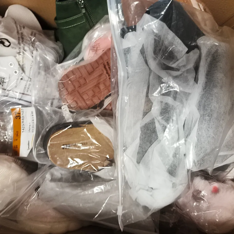 BOX OF APPROXIMATELY 15 ASSORTED PAIRS OF SHOES AND FOOTWEAR ITEMS IN VARIOUS COLOURS, STYLES, AND SIZES - COLLECTION ONLY