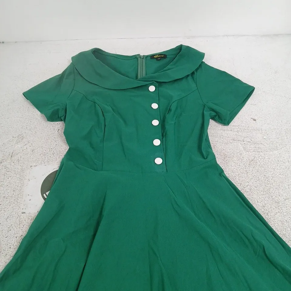 WEDTREND GREEN WOMEN'S DRESS WITH PETER PAN COLLAR, FRONT BUTTON PLACKET – UK SIZE M