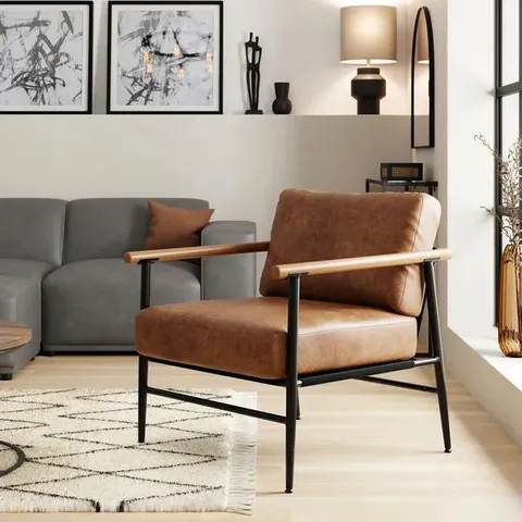 BOXED ARBOUR FAUX LEATHER INDUSTRIAL ACCENT CHAIR - TAN (1 BOX)