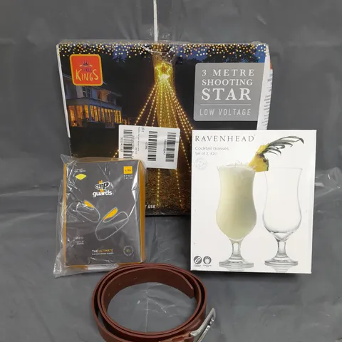 BOX OF APPROXIMATELY 8 ASSORTED HOUSEHOLD ITEMS TO INCLUDE - RAVENHEAD COCKTAIL GLASSES - THREE KINGS 3 METRE SHOOTING STAR - CREP PROTECT GUARDS L/XL - ETC