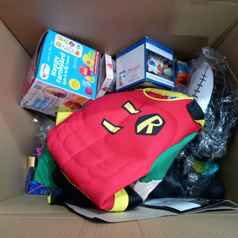 BOX OF APPROX 15 ASSORTED TOYS TO INCLUDE - HAPPY FARMYARD - PLAYDOH - NIGHT LIGHT STAR ECT