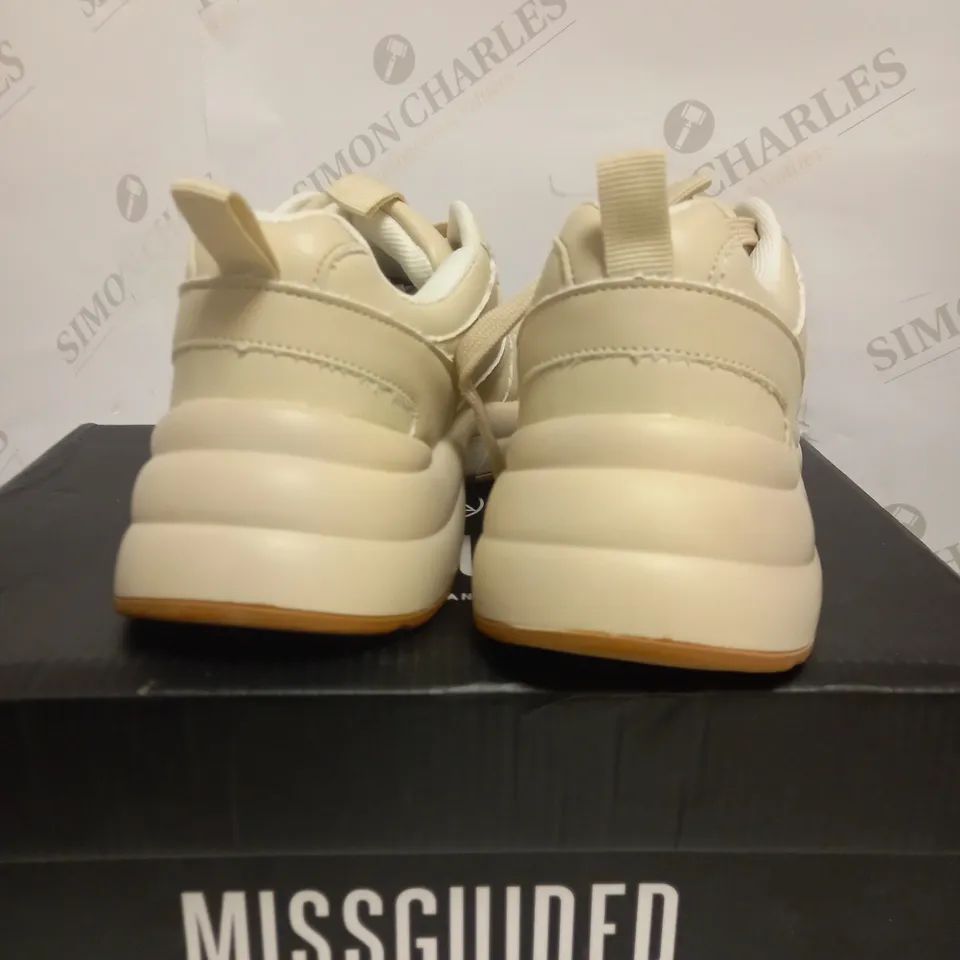 MISSGUIDED FAUX LEATHER PANELLED CHUNKY SOLE TRAINERS UK 3 BEIGE