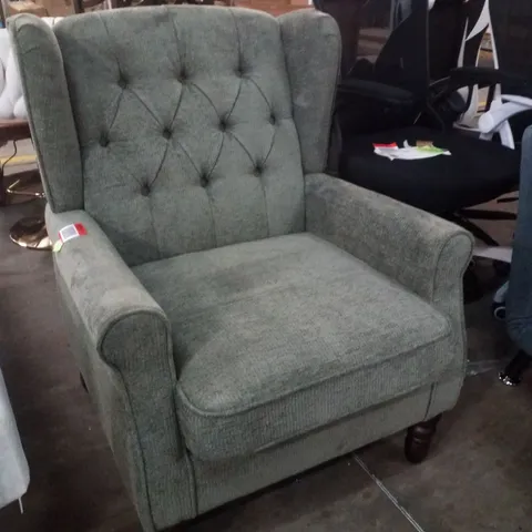 BUTTON-TUFTED WINGBACK ACCENT CHAIR - SOLID WOOD LEGS WITH ROLLED ARM & THINK PADDED CUSHION - GREEN POLYESTER - BROWN LEGS 