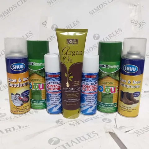 APPROXIMATELY 45 ASSORTED AREOSOLS AND CREAMS TO INCLUDE; SHUU SHOE AND BOOT DEODORANT, PAINT FACTORY GARDEN COLOURS, RAPIDE CONTACT CLEANER AND XHC ARGAN OIL CONDITIONER