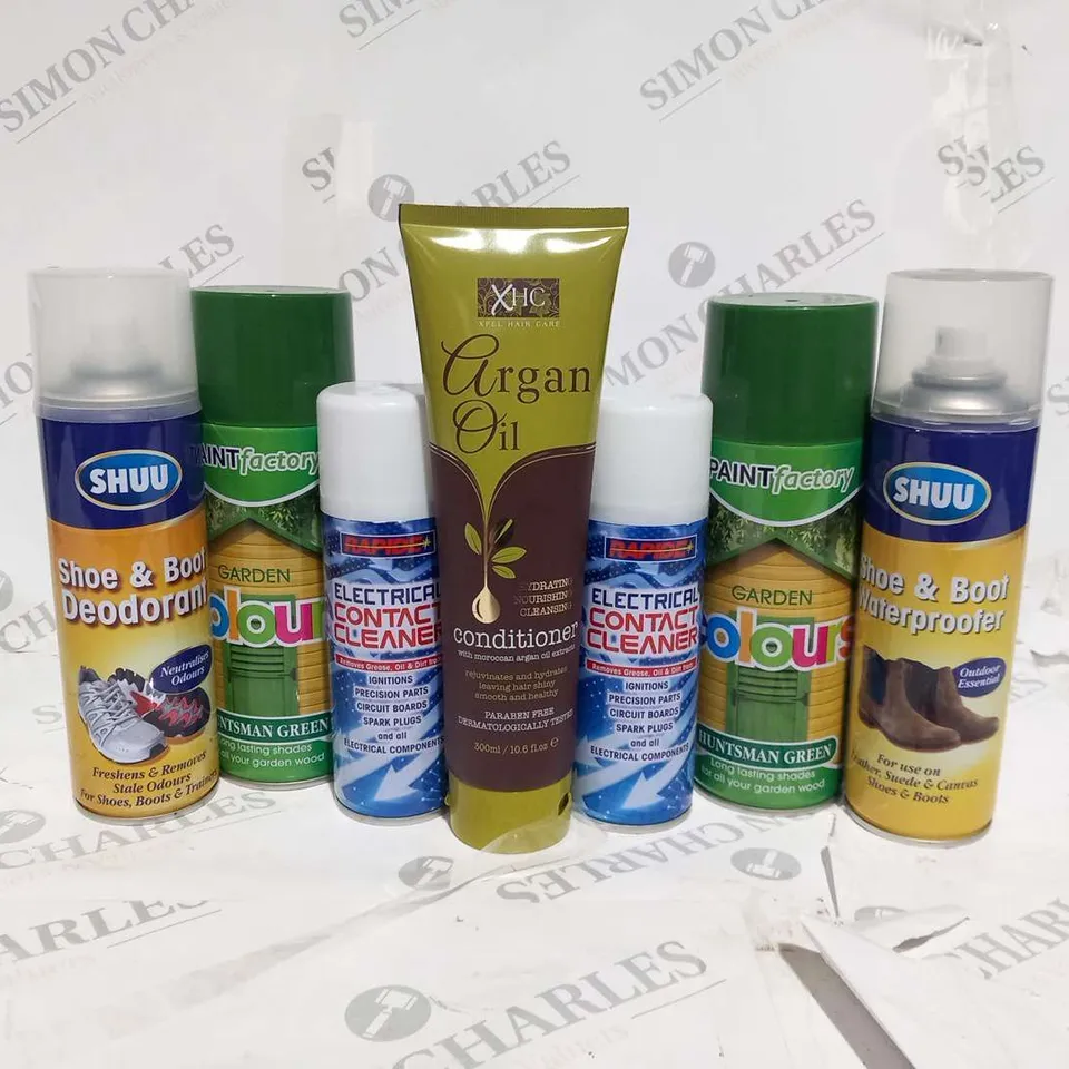 APPROXIMATELY 45 ASSORTED AREOSOLS AND CREAMS TO INCLUDE; SHUU SHOE AND BOOT DEODORANT, PAINT FACTORY GARDEN COLOURS, RAPIDE CONTACT CLEANER AND XHC ARGAN OIL CONDITIONER