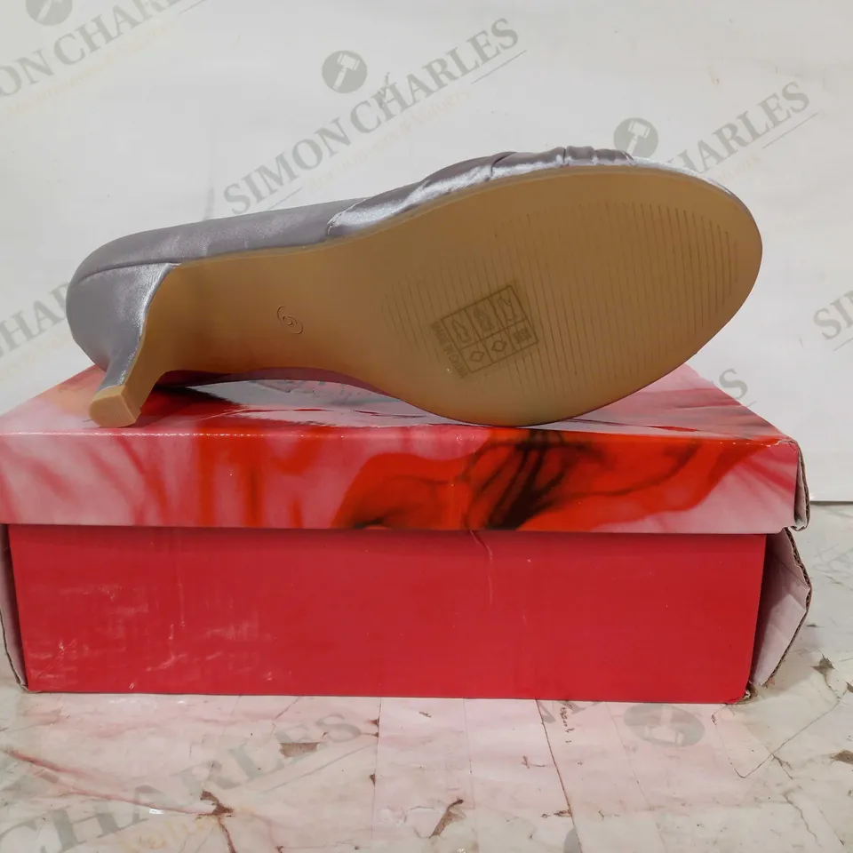 BOXED PAIR OF MY SHOE STORE CLOSED TOE SLIP-ON HEELS IN SATIN SILVER COLOUR W. JEWEL EFFECT SIZE 5