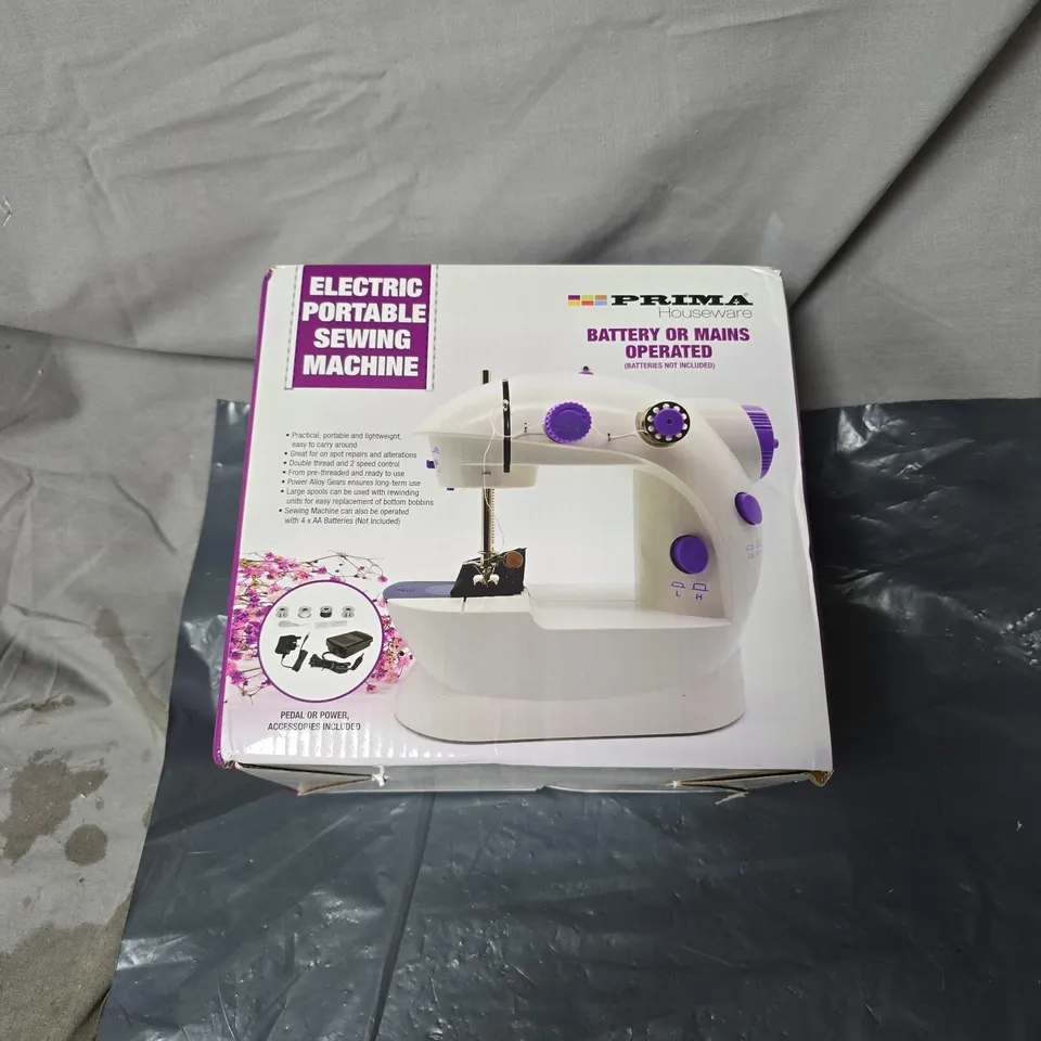PRIMA HOUSEWARE ELECTRIC PORTABLE SEWING MACHINE BATTERY OR MAINS, WITH INSTRUCTIONS. BOXED