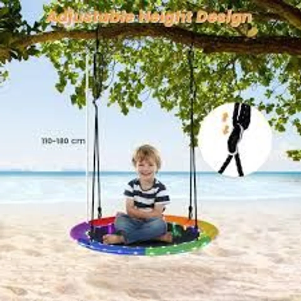 BOXED FLYING SAUCER TREE SWING WITH 8 LIGHT MODES AND ADJUSTABLE HANGING ROPES.