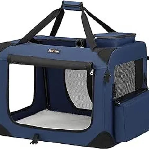 BOXED FEANDREA FOLDABLE DOG TRANSPORT BOX, MESH, BREATHABLE, PORTABLE, METAL FRAME, WITH HANDLES, POCKETS, 60×42×42CM, DARK BLUE