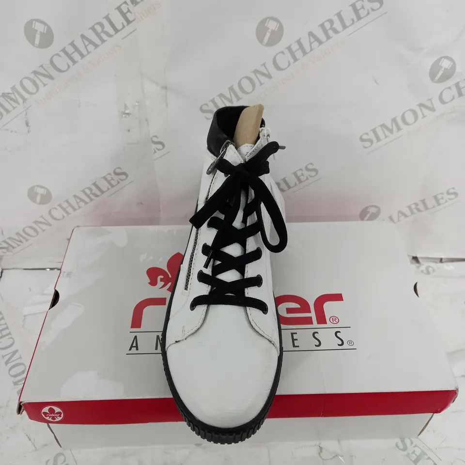 BOXED PAIR OF RIEKER HIGH TOP TRAINERS W. SIDE ZIP IN WHITE EU SIZE 40