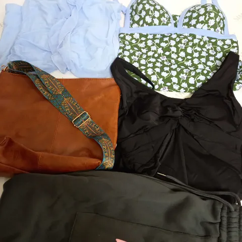 BOX OF APPROXIMATELY 25 ASSORTED CLOTHING ITEMS TO INCUDE - TROUSERS , BAG , SWIMSUIT ETC