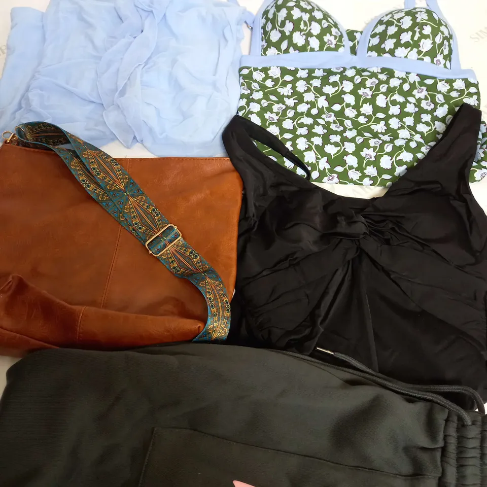BOX OF APPROXIMATELY 25 ASSORTED CLOTHING ITEMS TO INCUDE - TROUSERS , BAG , SWIMSUIT ETC