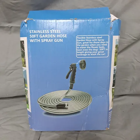 STAINLESS STEEL 50FT GARDEN HOSE WITH SPRAY GUN – BOXED