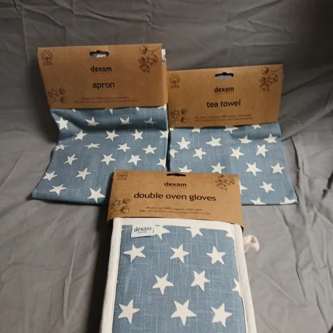 ORGANIC COTTON YARN TEA TOWEL, APRON & DOUBLE OVEN GLOVE SET IN STAR DESIGN 