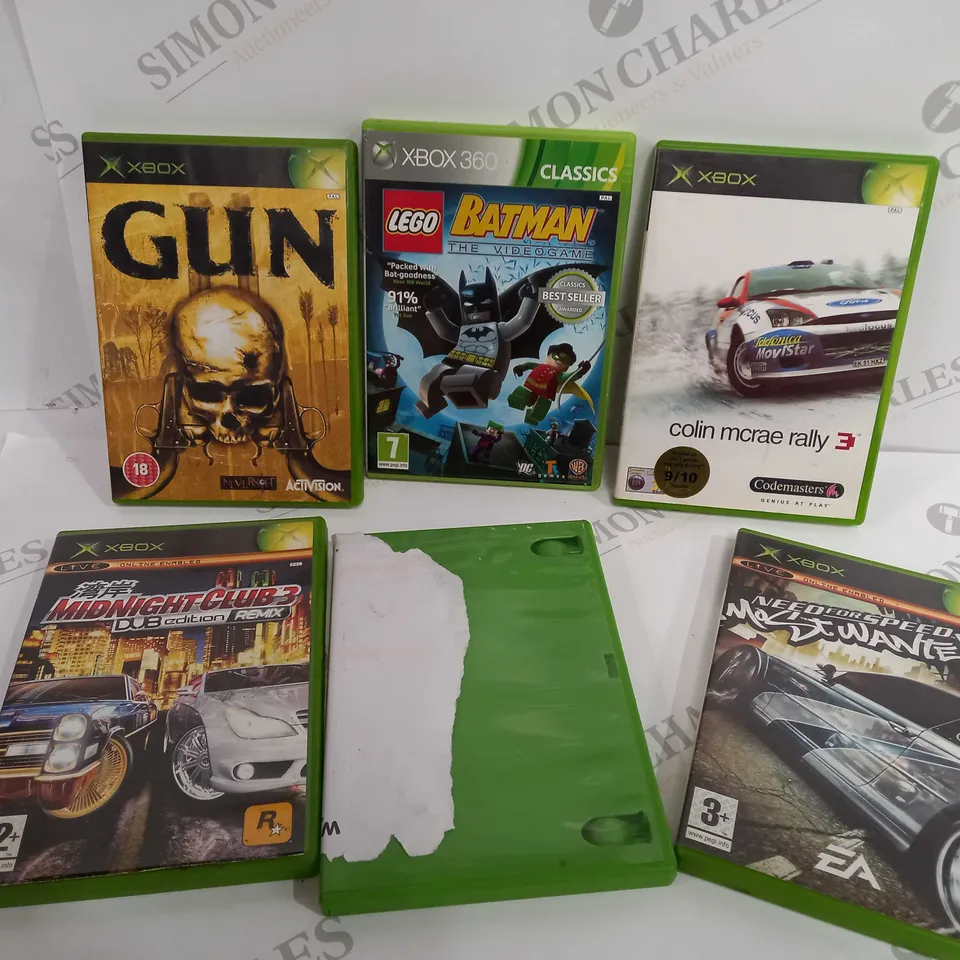 XBOX WITH GAMES AND TWO CONTROLLERS - GAMES INCLUDING COLIN MCRAE RALLY 3, GUN AND NEED FOR SPEED MOST WANTED