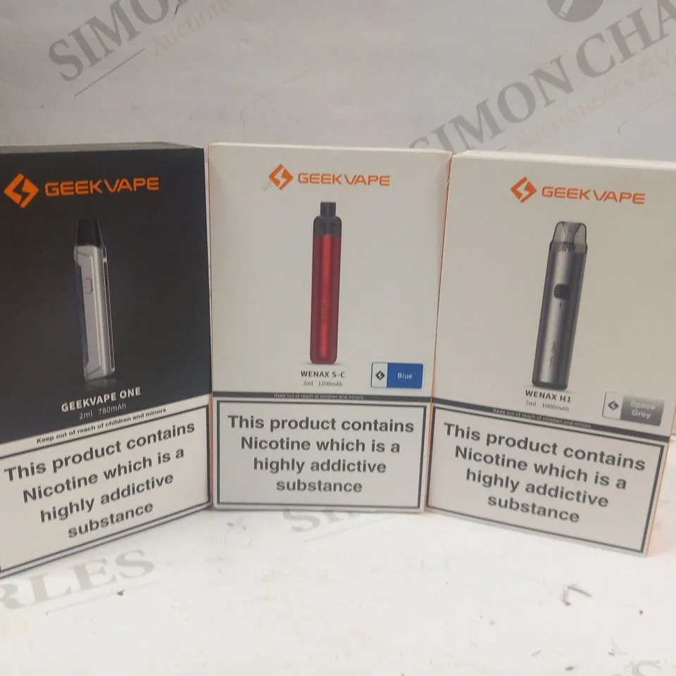 3 ASSORTED GEEKVAPE PRODUCTS TO INCLUDE; WENAX S-C, WENAX H1 AND GEEKVAPE 1