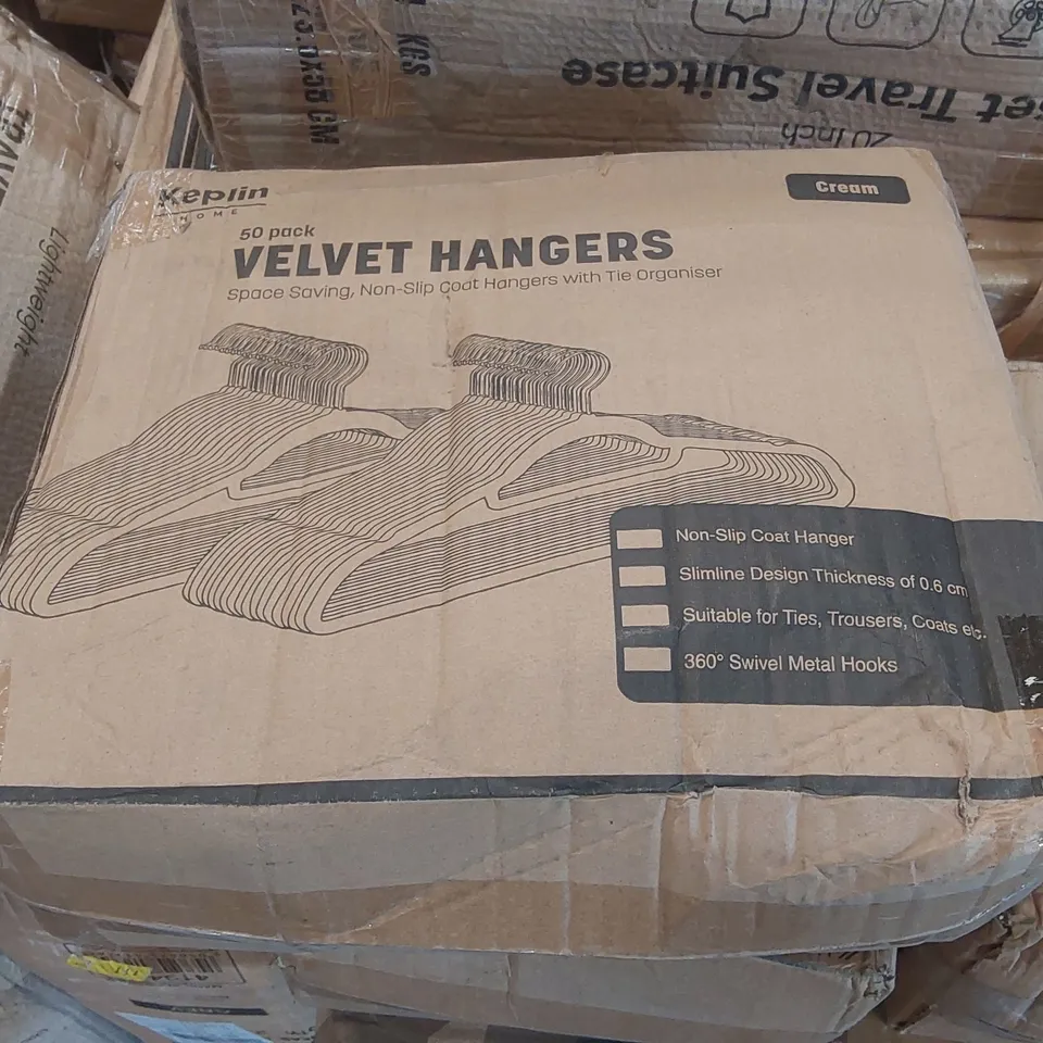 BOX OF APPROXIMATELY 50 KEPLIN BLACK VELVET CLOTHES HANGERS 