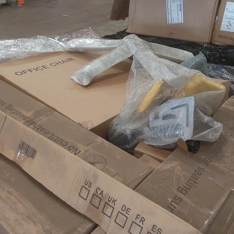 PALLET CONTAINING A LARGE QUANTITY OF ASSORTED ITEMS INCLUDING: OFFICE CHAIRS, CURTAIN RAIL ECT