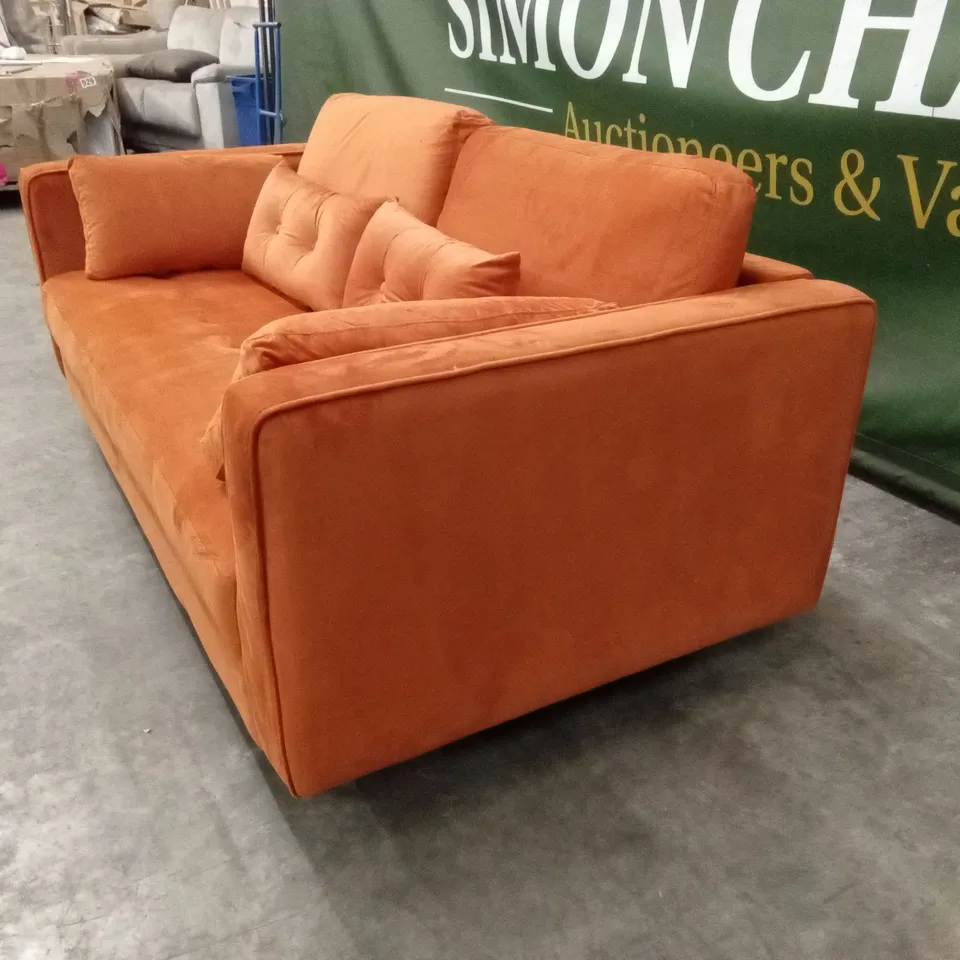 DESIGNER 2 SEATER SOFA WITH SCATTER CUSHIONS - ORANGE VELVET