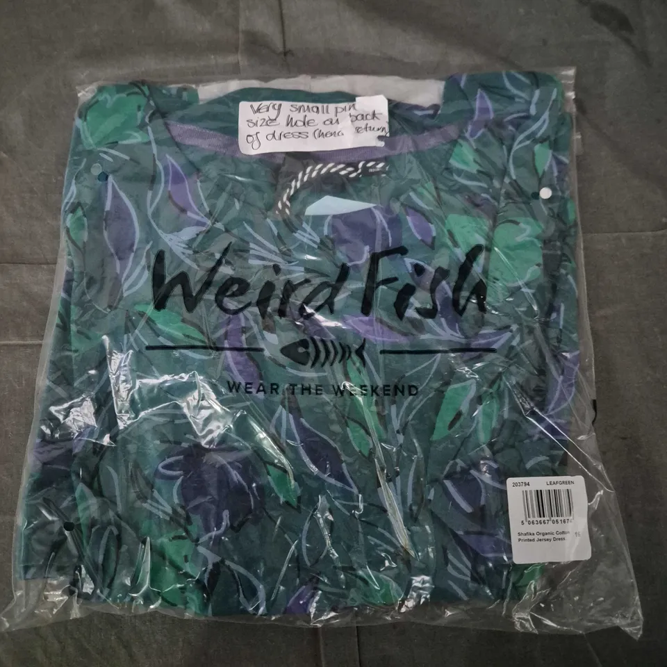 BAGGED WEIRD FISH SHAFIKA ORGANIC COTTON PRINTED JERSEY DRESS – LEAF GREEN, UK 16
