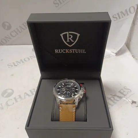 MENβS RUCKSTUHL CHRONOGRAPH WATCH β MODEL R120 β BLACK MULTI-FUNCTION DIAL β BROWN GENUINE LEATHER STRAP β 3ATM WATER RESISTANT