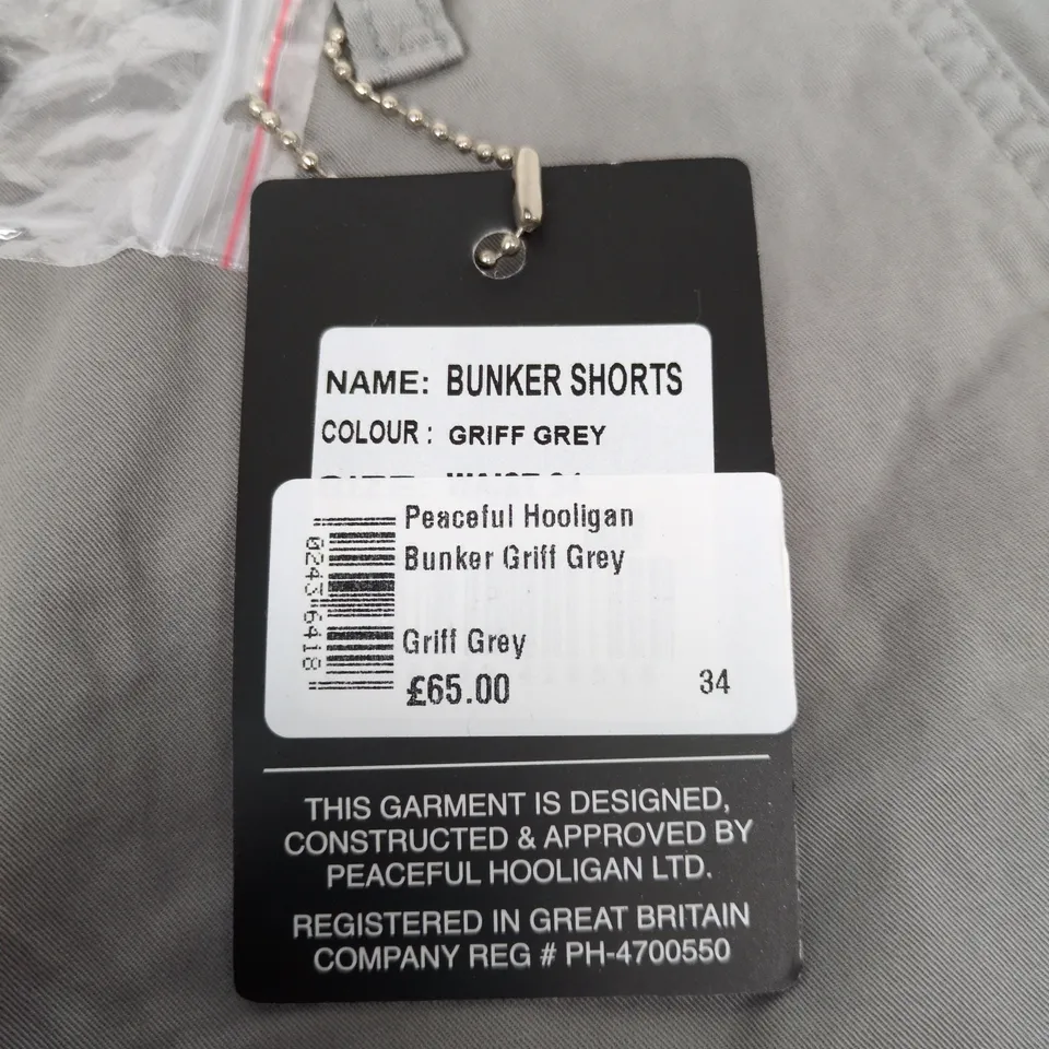 PEACEFUL HOOLIGAN BUNKER SHORTS - GRIFF GREY, UK 34