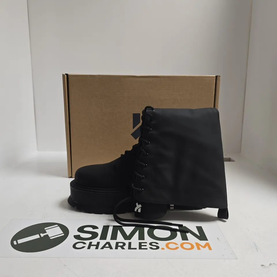 KOI BLACK LEATHER COMBAT BOOTS, THICK RUBBER SOLE SIZE UK 10