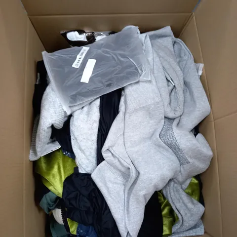 BOX OF ASSORTED CLOTHING ITEMS TOO INCLUDE TOPS , TROUSERS AND DRESSES , ETC