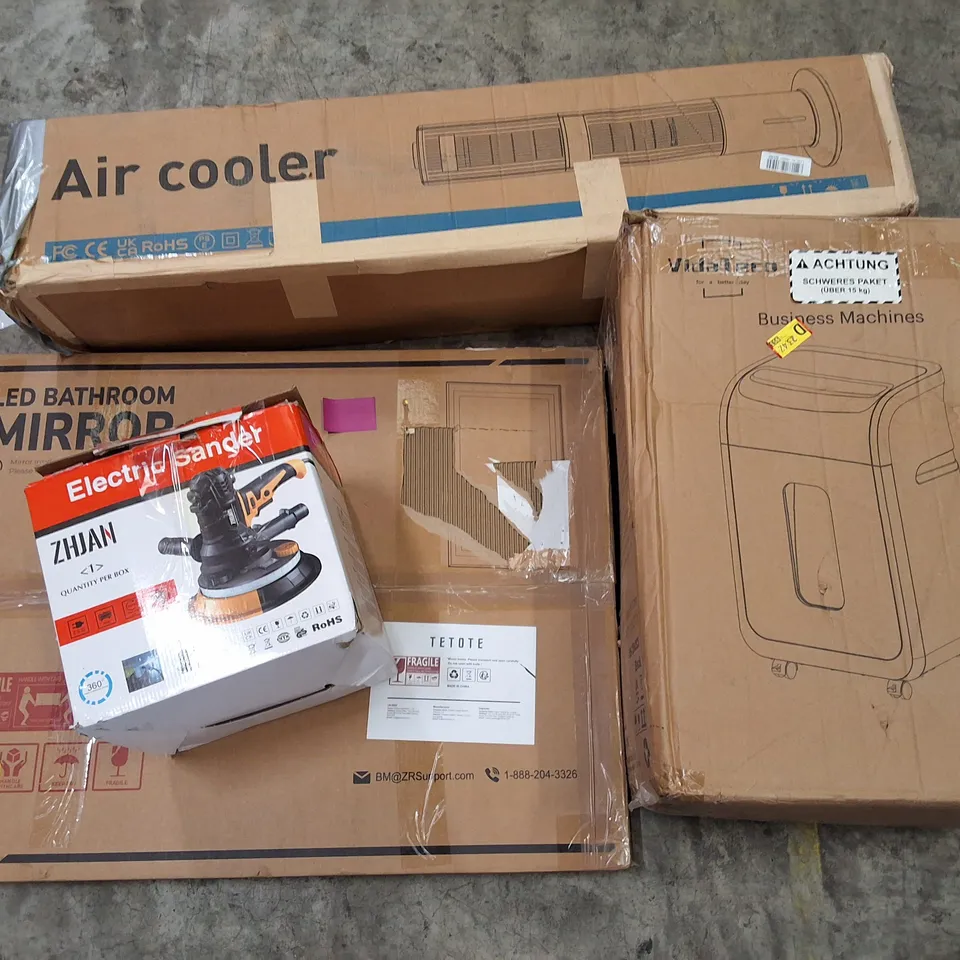 PALLET CONTAINING ASSORTED PRODUCTS INCLUDING ELECTRIC SANDER, AIR COOLER, PAPER SHREDDER & LED BATHROOM MIRROR