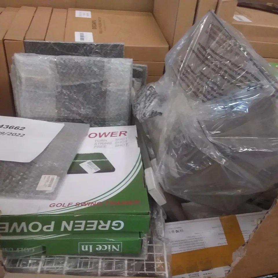 PALLET OF ASSORTED ITEMS INCLUDING RUNNING SHOES, MULTIUSE STERILISER, PRIDE 2021VINYL, GREEN POWER GOLF SWING TRAINER, DEDAYL ROLL-UP PUZZLE MAT, YSAGI PAD MASTER 