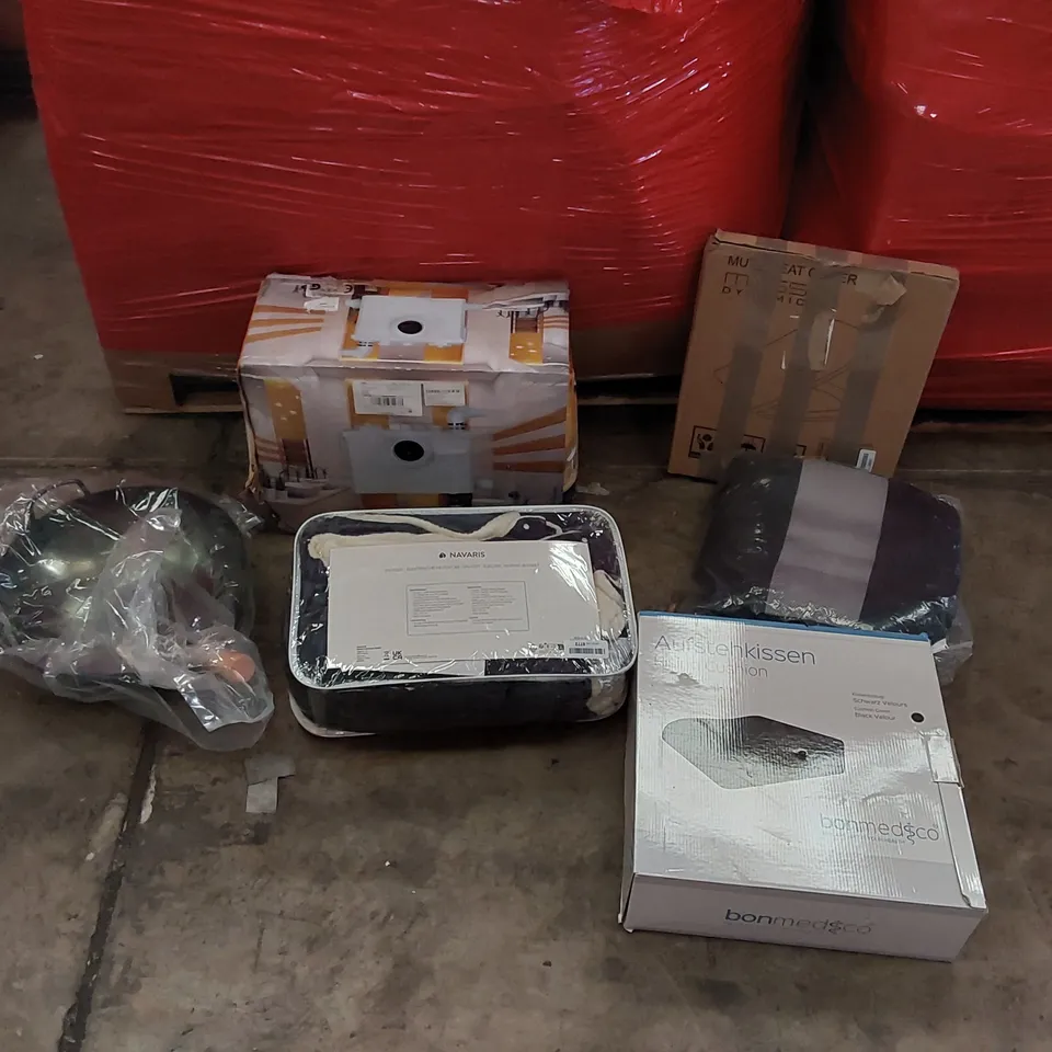 PALLET OF ASSORTED ITEMS INCLUDING: FLO700 TOILET PUMP, ELECTRIC BLANKET, SEAT CUSHIONS, WOK FRYING PAN, TOILET SEAT