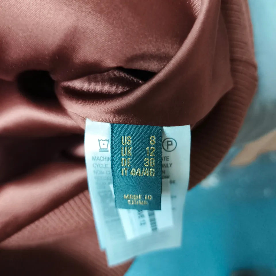 RUTH LANGFORD BROWN LEATHER BOMBER JACKET WITH FUR COLLAR & CUFFS – UK 12