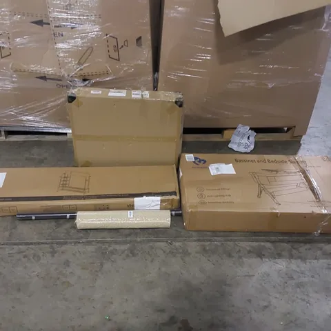 PALLET OF ASSORTED ITEMS INCLUDING: BEDSIDE BABY BED, SHELF, NON SLIP SHOWER MATS, WINDOW FILM