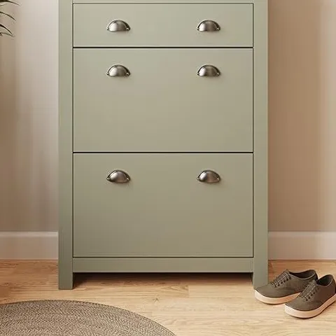BOXED LANCASTER 2 DOOR 3 DRAWER SHOE CABINET - SAGE GREEN (1 BOX)