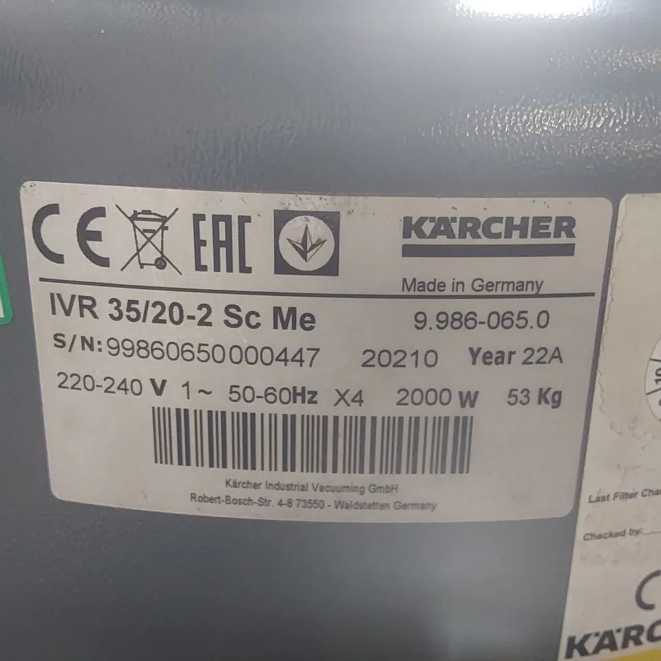 EX-DEMO KÄRCHER IVR 35/20-2 SC S/N 20210 INDUSTRIAL VACUUM CLEANER