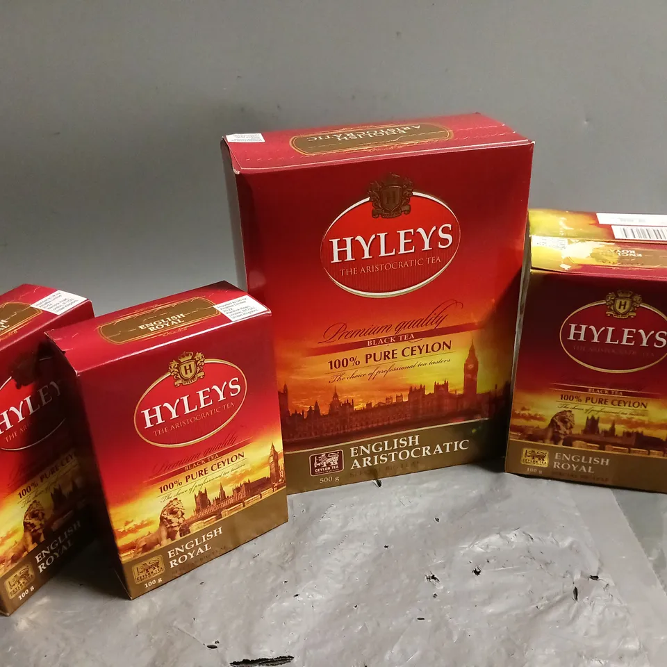 5 BOXED HYLEYS TEA TO INCLUDE 4 ENGLISH ROYAL (4x100g), ENGLISH ARISTOCRATIC (500g)