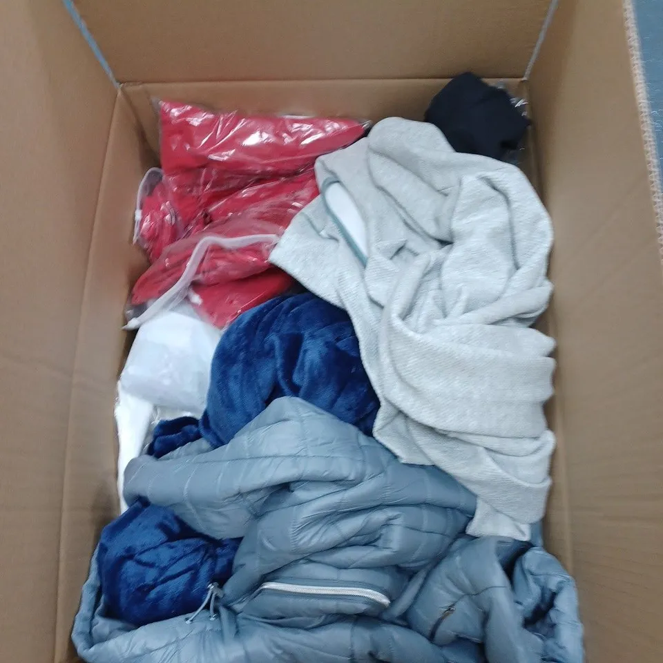 BOX OF ASSORTED CLOTHING ITEMS TO INCLUDE BRAS, UNDERWEAR, JUMPERS ETC 