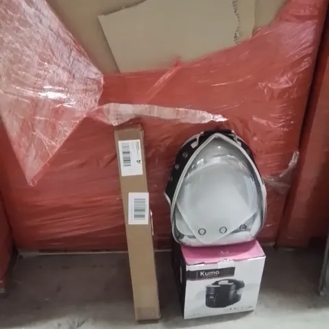 PALLET OF ASSORTED HOUSEHOLD GOODS AND PRODUCTS TO INCLUDE;RICE COOKER,PET TRAVEL BACKPACK,SLIMLINE HEATER