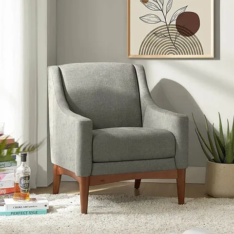 BOXED MID-CENTURY ARMCHAIR β VINTAGE STYLE FABRIC UPHOLSTERED ARMCHAIR IN IVORY (1 BOX)