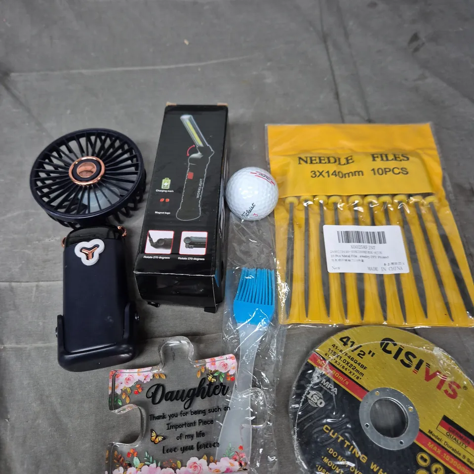 APPROXIMATELY 15 ASSORTED HOUSEHOLD PRODUCTS TO INCLUDE PORTABLE FAN, CUTTING WHEELS, LED LIGHT ETC 