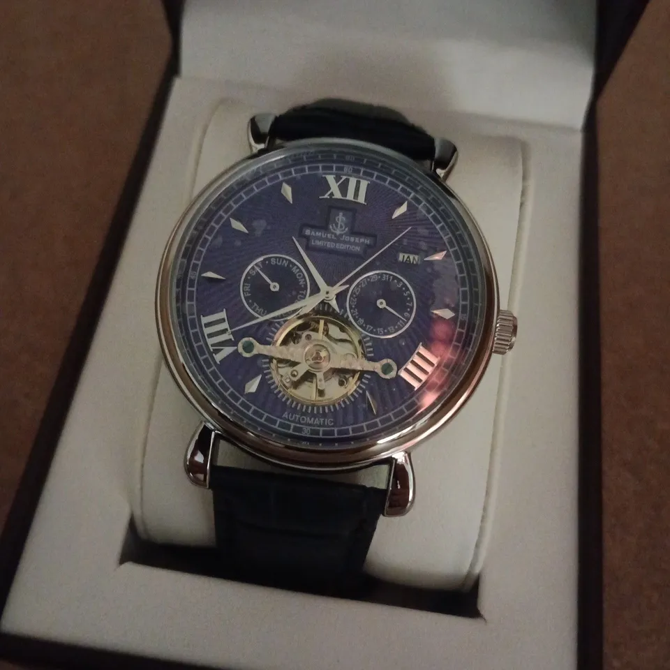 BOXED SAMUEL JOSEPH AUTOMATIC LIMITED EDITION SILVER WATCH WITH BLUE FACE
