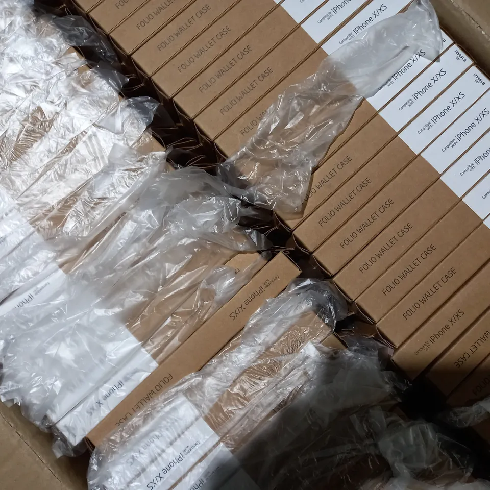 APPROXIMATELY 100 BRAND NEW BOXED AND SEALED GROOV-E BLACK FOLIO WALLET CASE GV-MP049 COMPATIBLE WITH IPHONE X/XS INCLUDES INTERNAL POCKETS, MAGNETIC CLOSURES, WIRELESS CHARGING SUPPORT ETC.